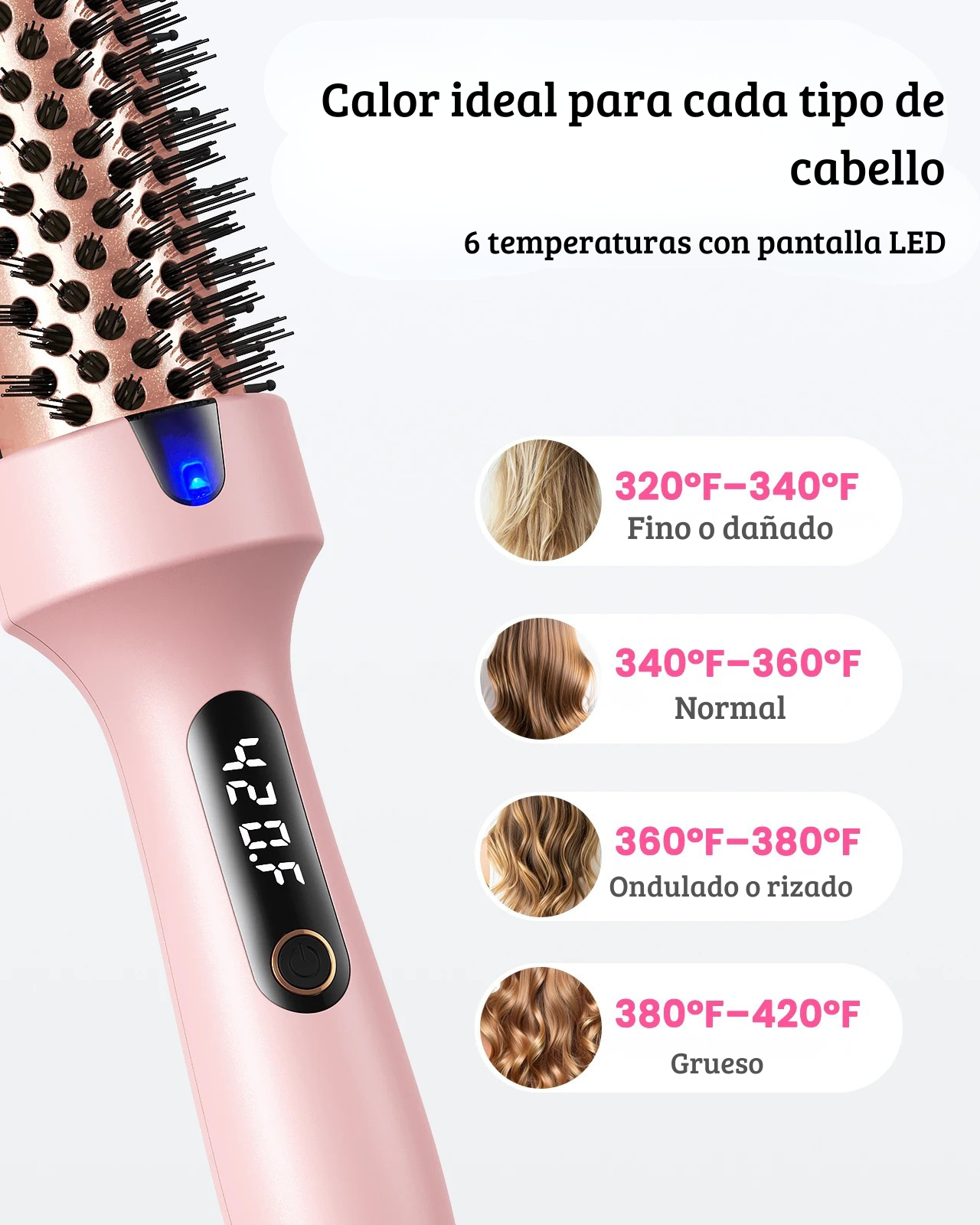 Cepillo térmico iónico 2 en 1 para rizar y alisar con 6 temperaturas y pantalla LED