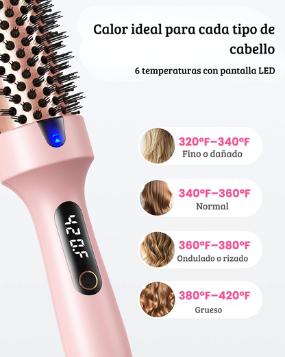 Cepillo térmico iónico 2 en 1 para rizar y alisar con 6 temperaturas y pantalla LED